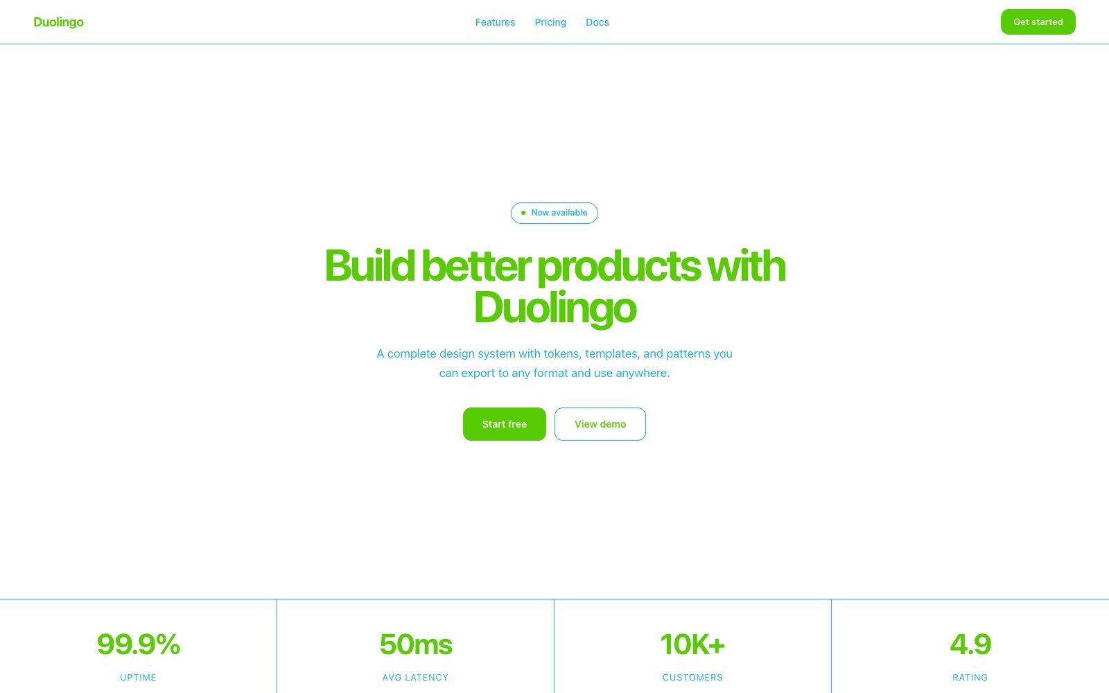 Duolingo marketing page with mascot illustration and green pill buttons on white canvas