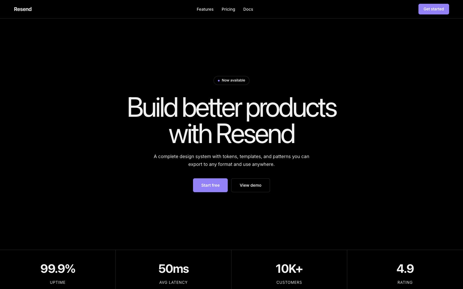 Resend developer email platform with violet accents